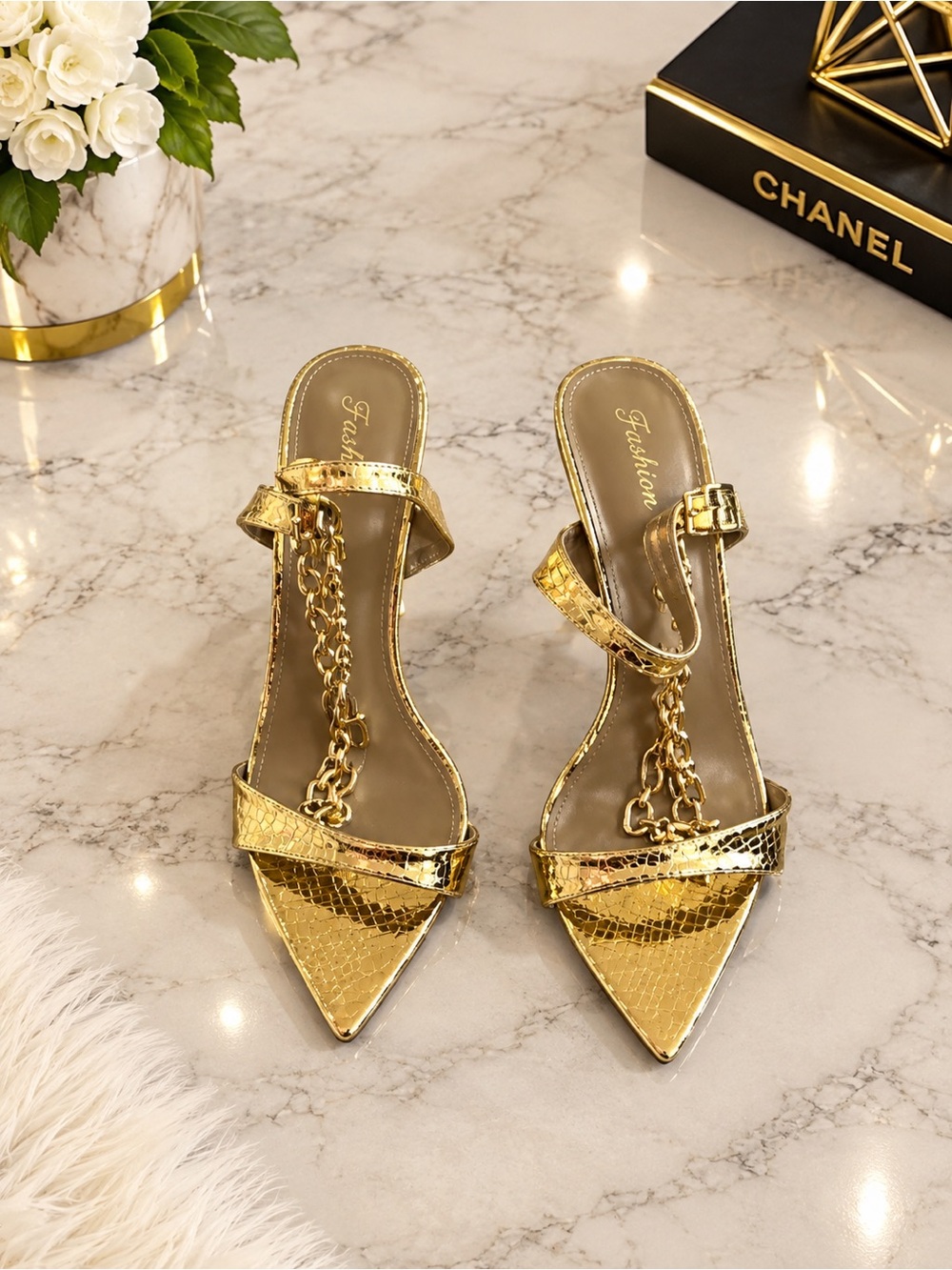 Gold Chain-Trim Pointed Toe Women’s Heels -
